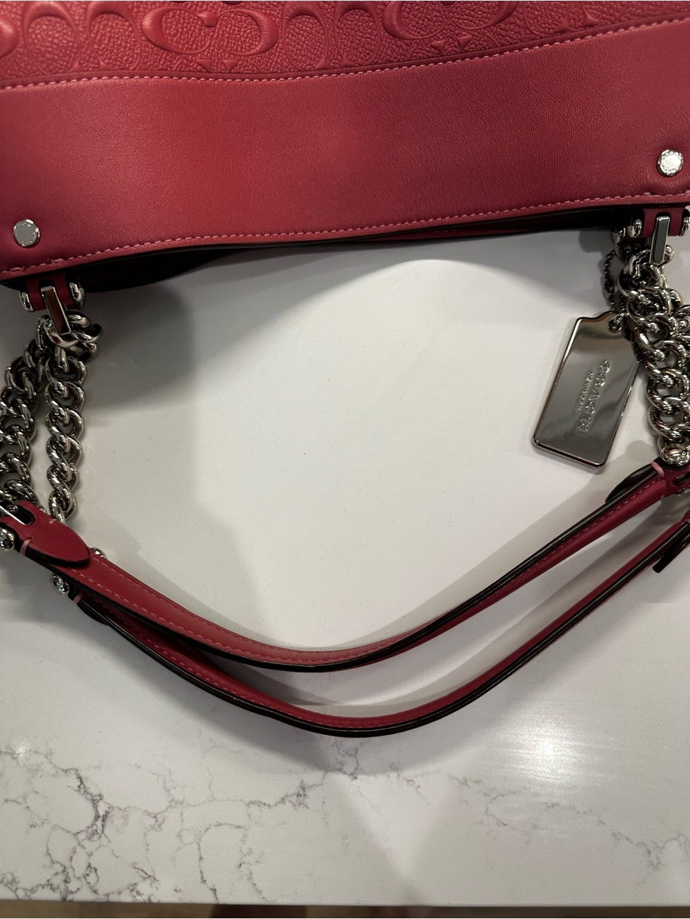 Coach pink Embossed Leather Tote with Chain-Detail - Picture 12 of 12